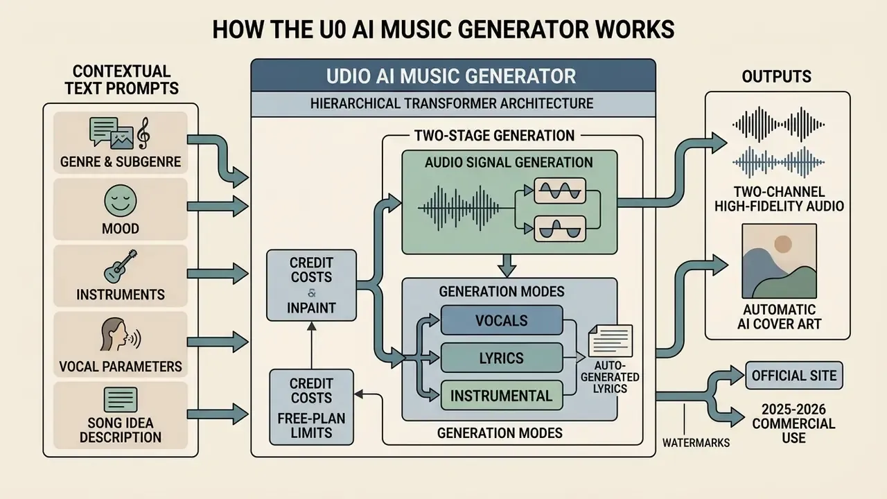 Flowchart showing how text prompts are processed by a hierarchical transformer into audio and cover art