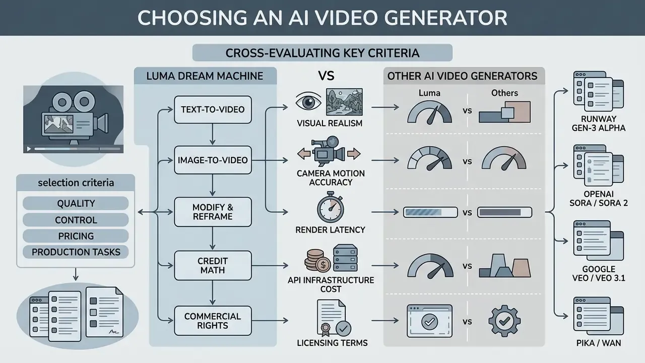 Comparison chart evaluating Luma Dream Machine against other AI video generators using key performance metrics