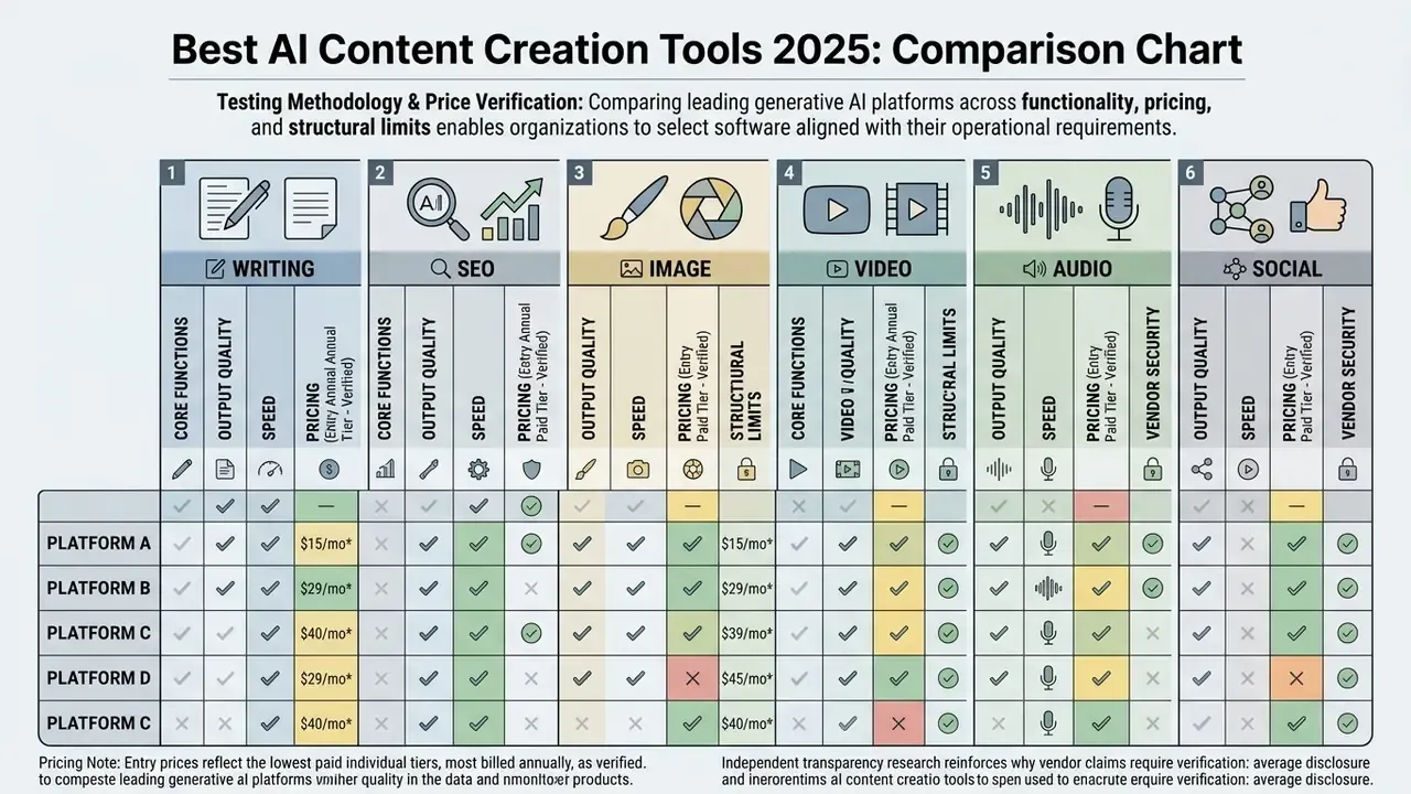 Matrix comparing features and pricing for writing, SEO, image, video, audio, and social media AI platforms