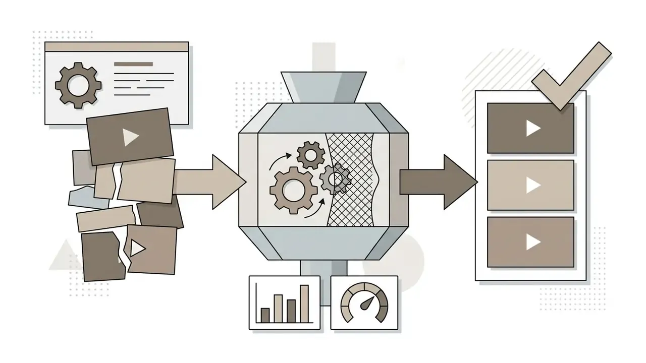 Fragmented video clips feeding into a central processing machine that outputs polished video files