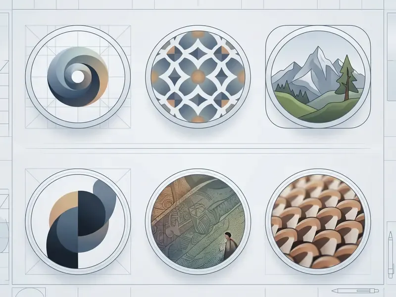 Six circular and rounded frames displaying various patterns and landscape illustrations for avatar cropping