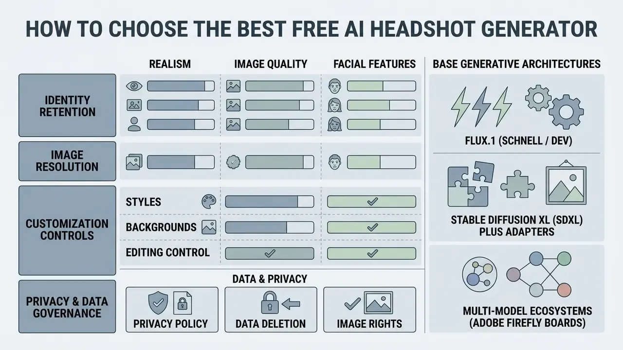 Comparison matrix evaluating AI headshot generator features like realism, resolution, and model architecture