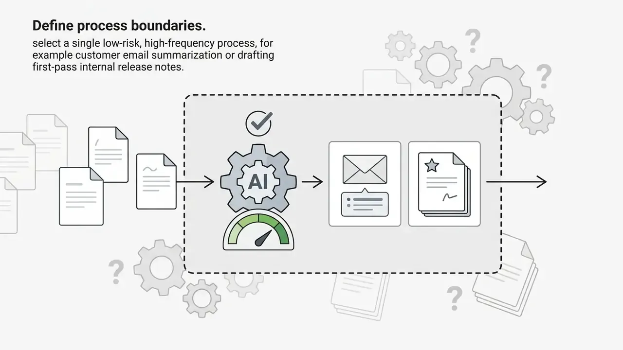 Documents flow through an AI gear system to produce email summaries and validated release notes