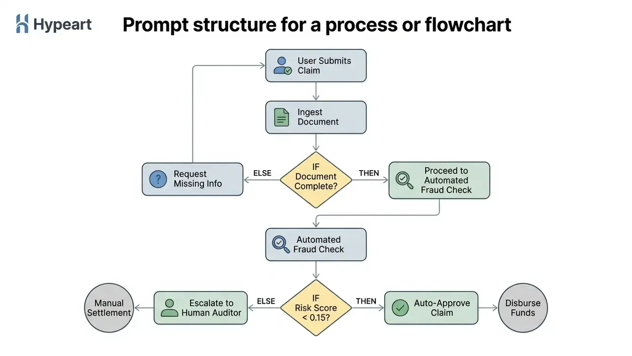 Vertical flowchart showing document ingestion, fraud verification, and claim settlement decision paths
