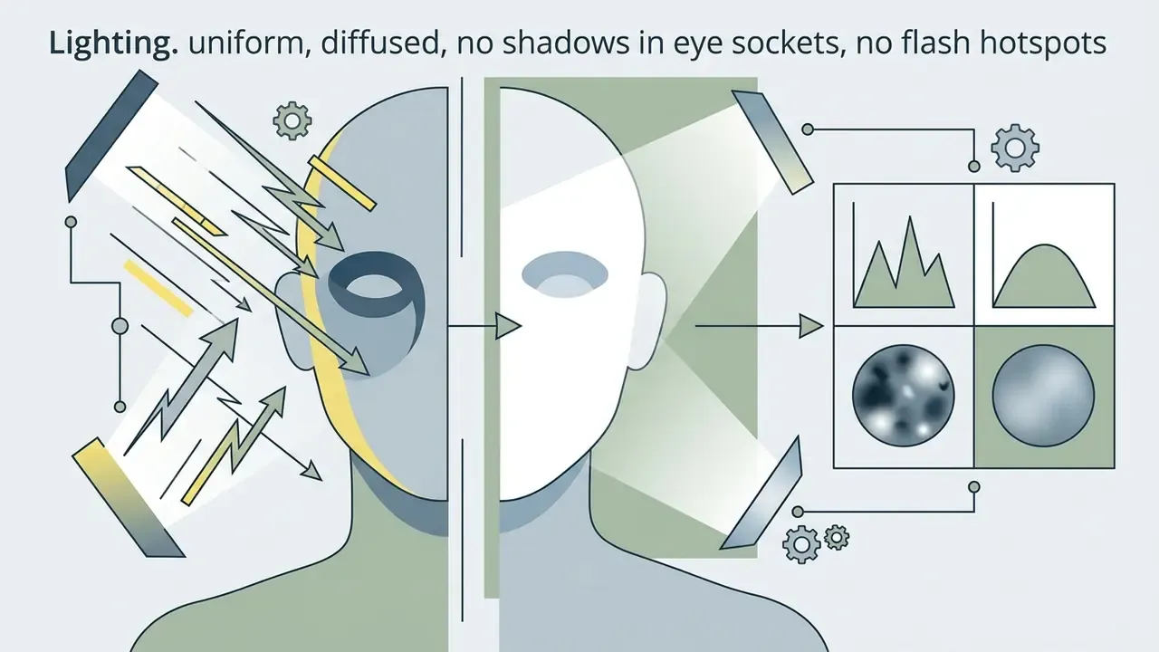 Split view of a human head showing light reflection patterns and corresponding data analysis graphs