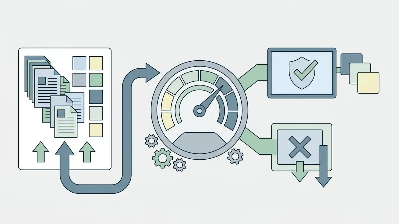 Documents feeding into a gauge that sorts inputs into checkmark or cross icon output paths