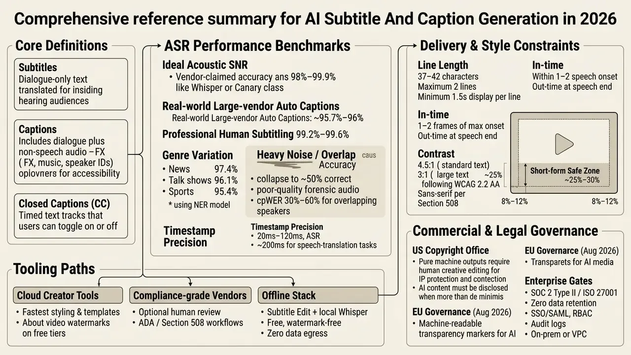 Summary of technical benchmarks, style constraints, and legal governance for automated captioning