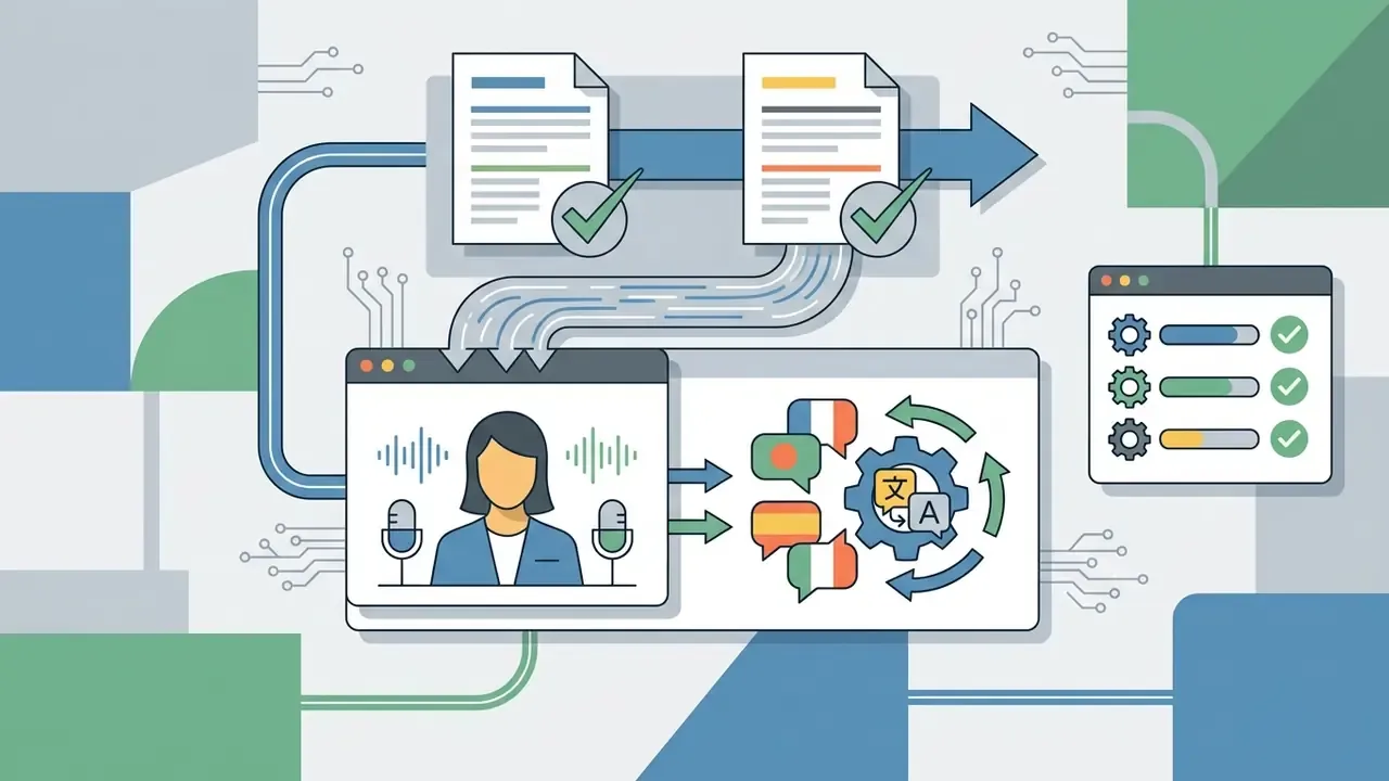 Verified documents feeding into an AI avatar video generator with automated language translation features