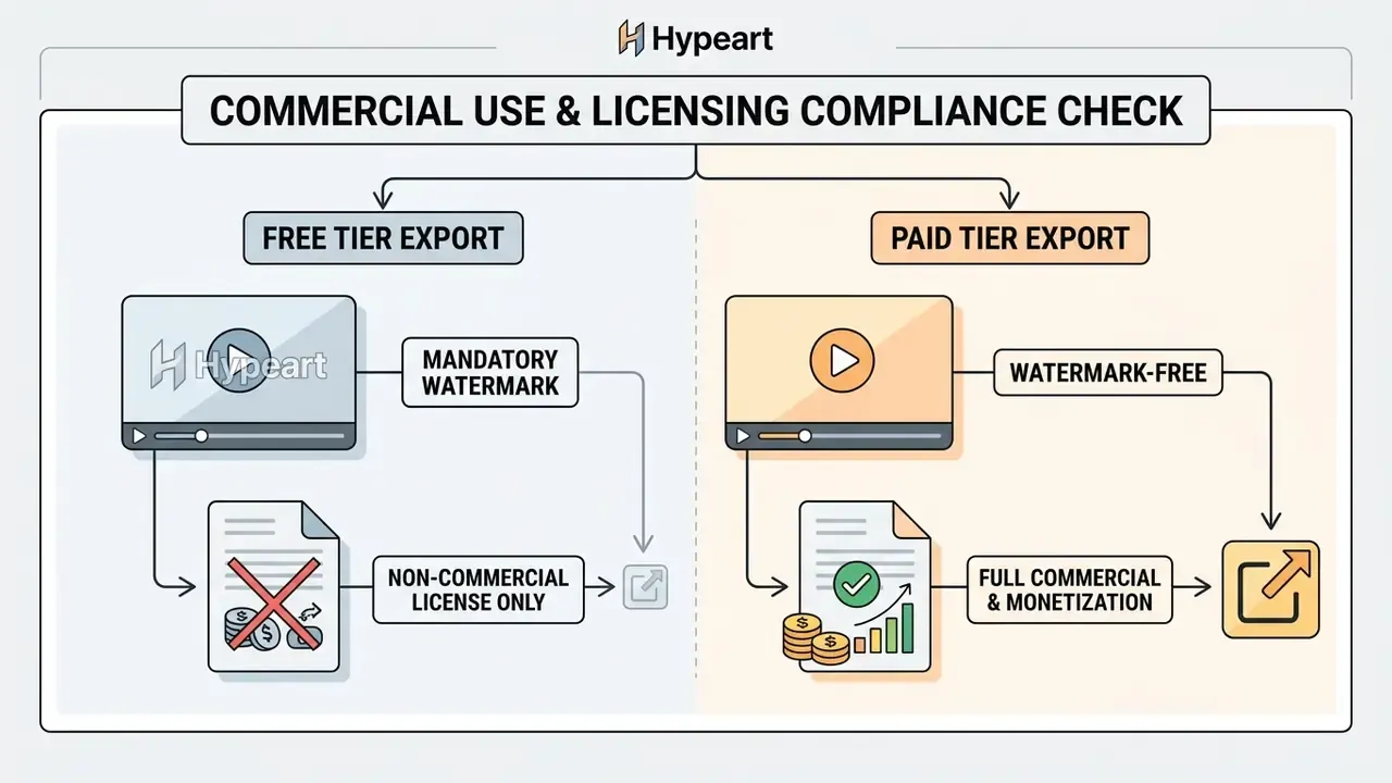 Comparison of free and paid export paths showing differences in watermarking and commercial rights