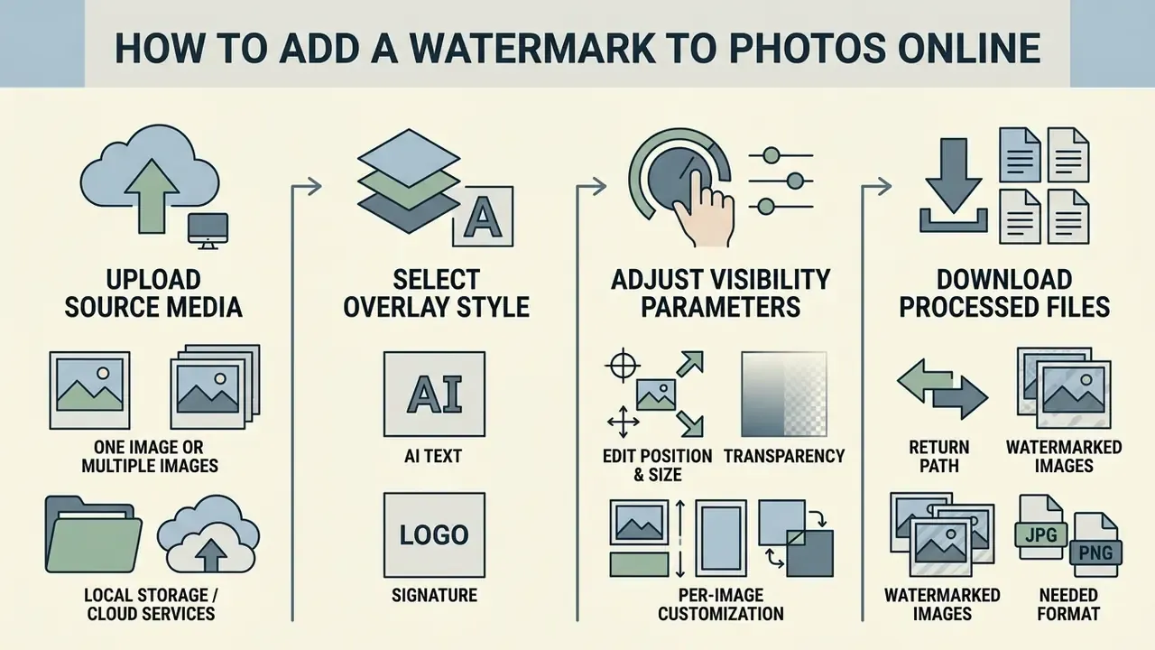 Four step workflow showing media upload, style selection, parameter adjustment, and file download