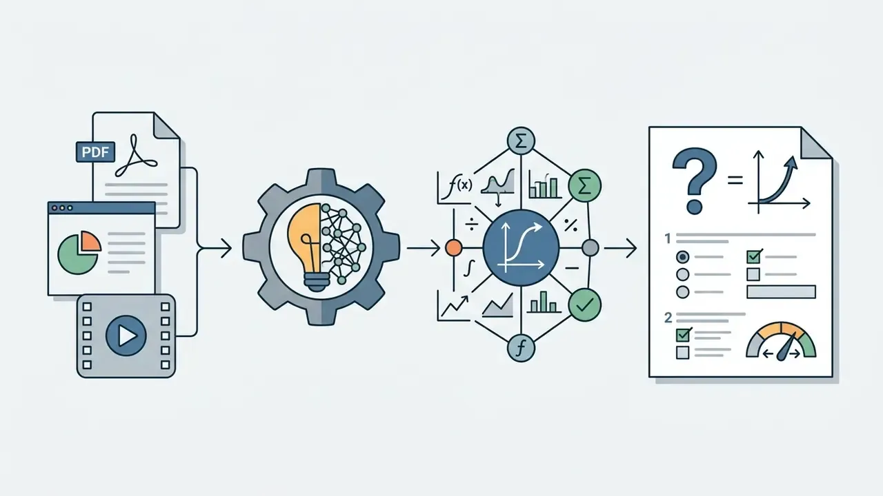 Data sources feeding into a central processing gear that outputs a structured quantitative test document