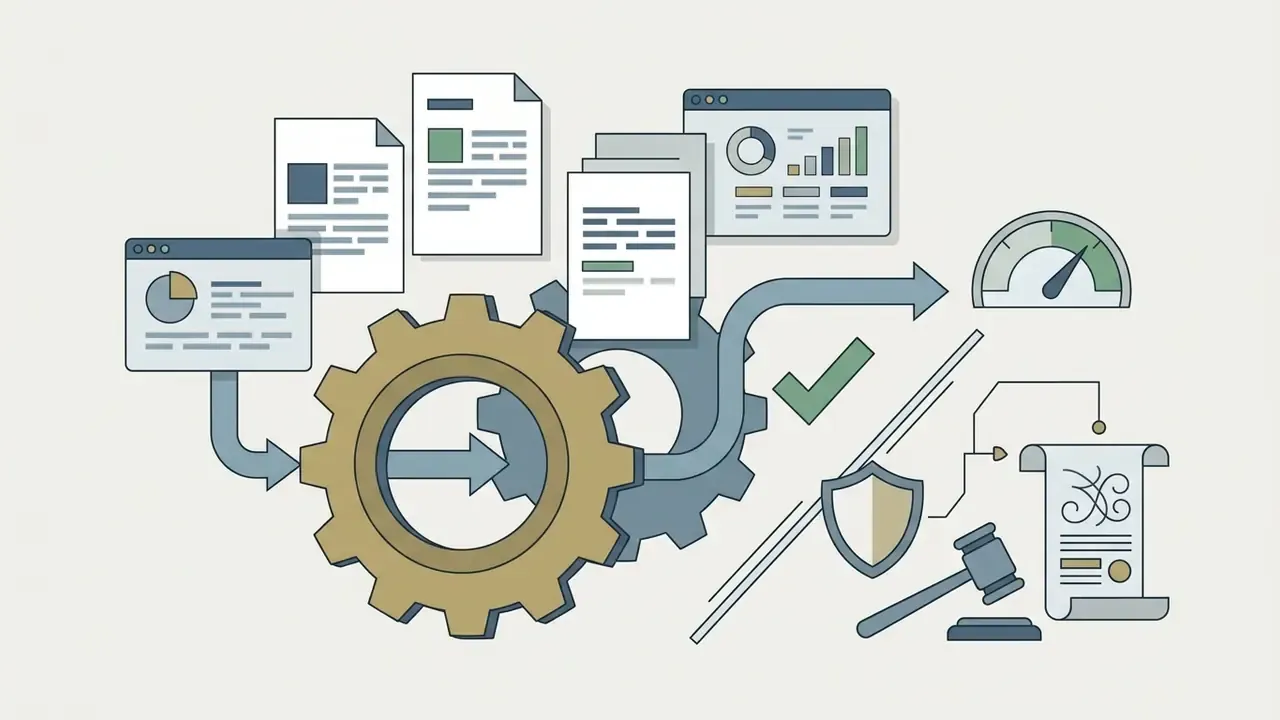 Gear mechanism processing data sheets and charts toward a shield, gavel, and legal scroll icon