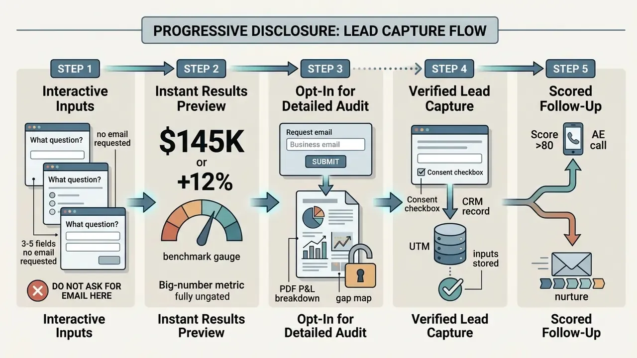 Five-step sequence illustrating a lead capture process from initial interactive inputs to final follow-up