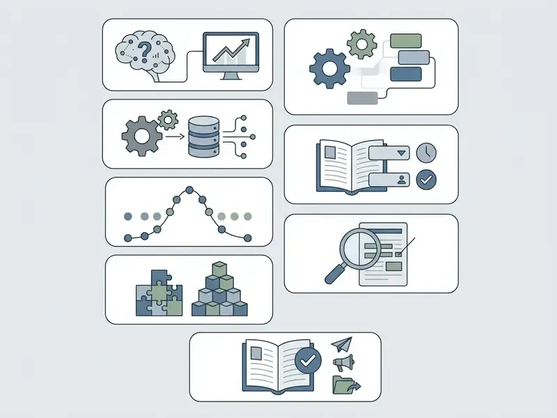 Seven distinct icons representing sequential steps for using an AI plot generator to build a narrative