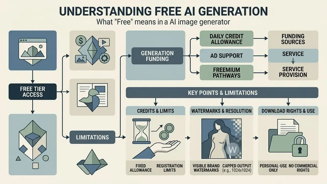Infographic flowchart explaining how free AI image generators use credits, ads, and limits to fund services