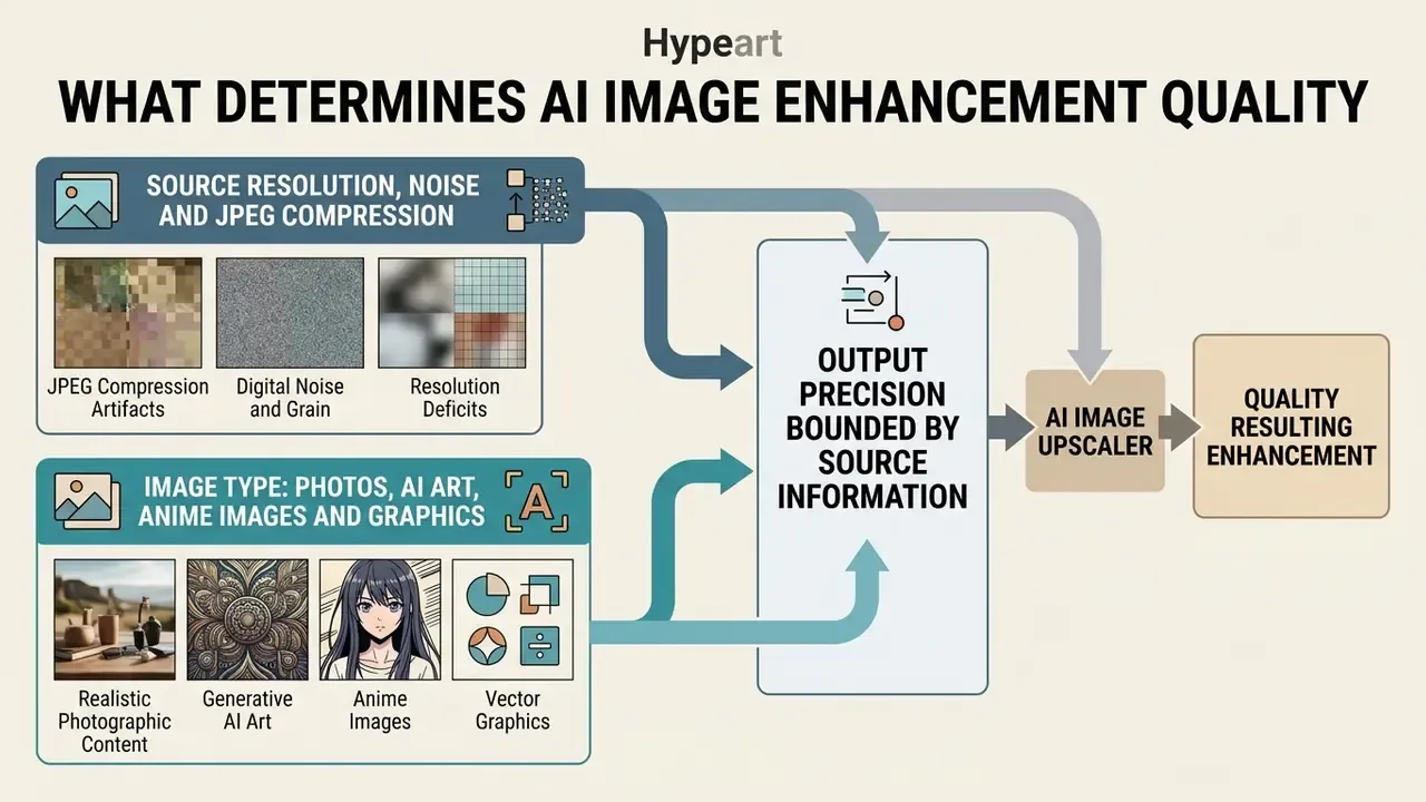 Flowchart illustrating how source file characteristics and image types influence AI image enhancement