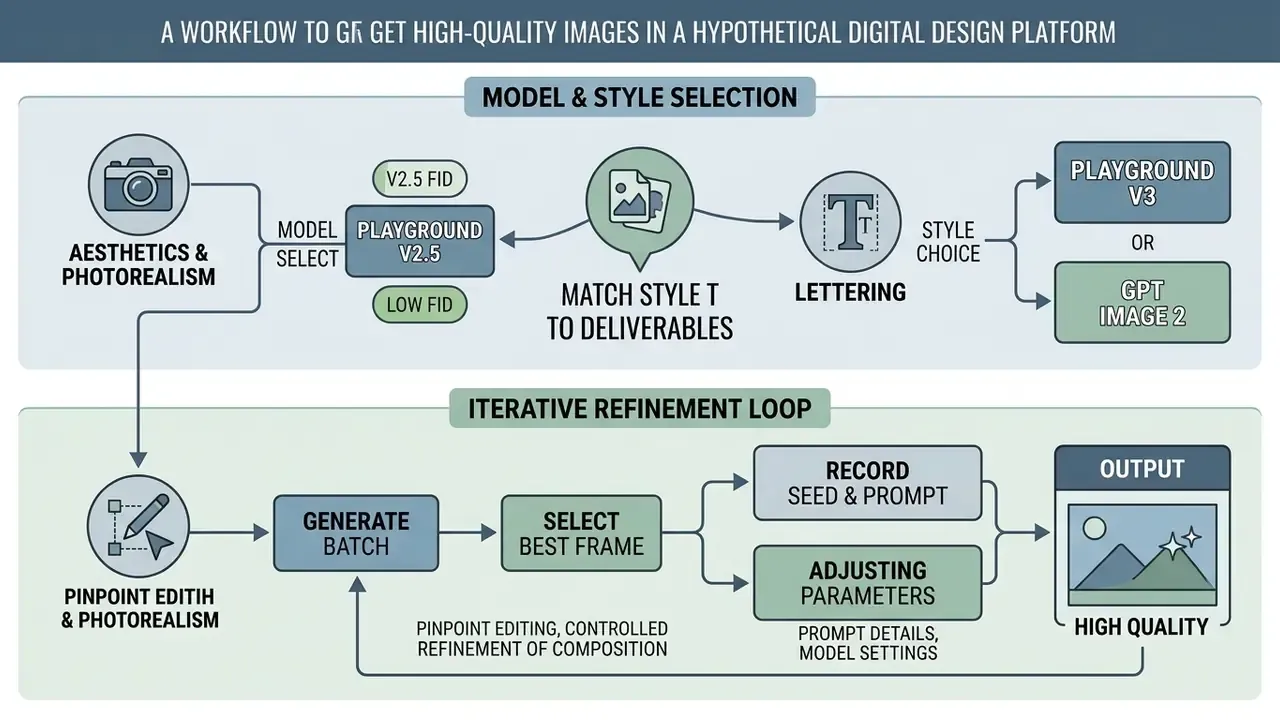 Diagram showing model selection, style matching, and iterative refinement for Playground AI workflows
