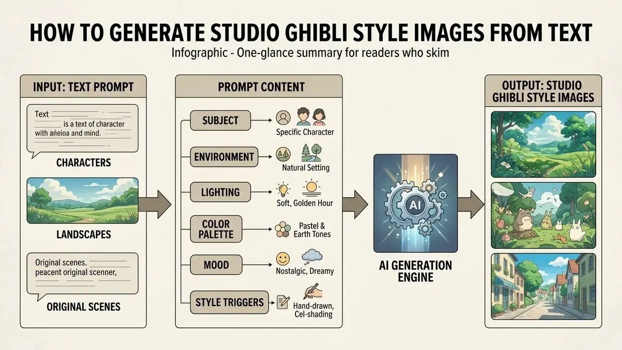 Diagram showing the workflow from text prompts to AI generation of animated landscapes and characters