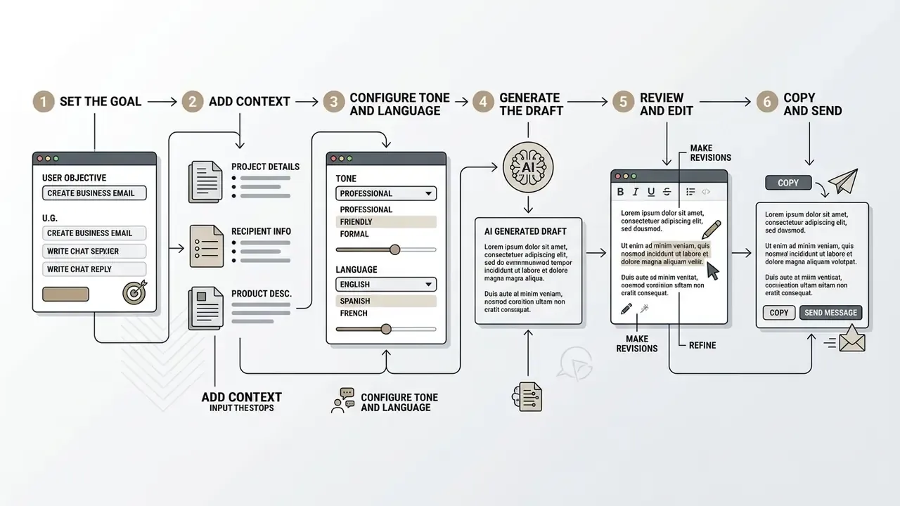 Six-step linear workflow showing the process of defining objectives, adding context, and refining drafts