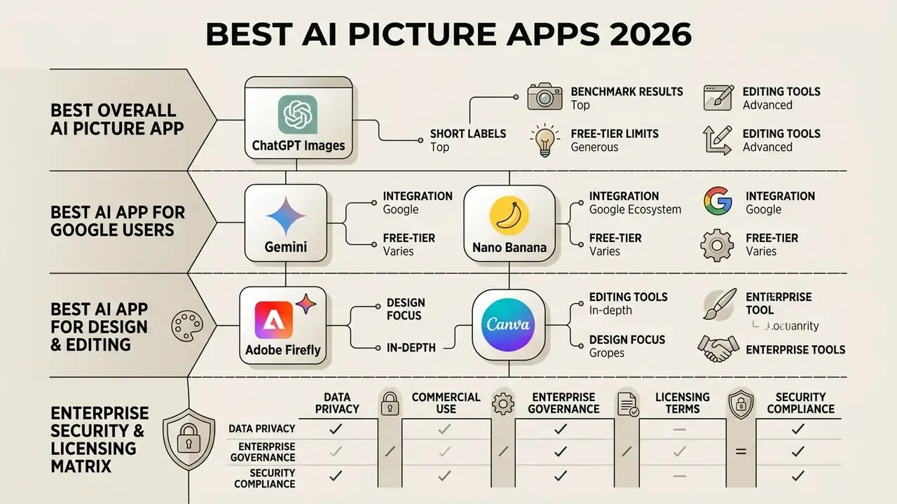 Infographic comparing top AI picture app choices across categories, features, and security standards