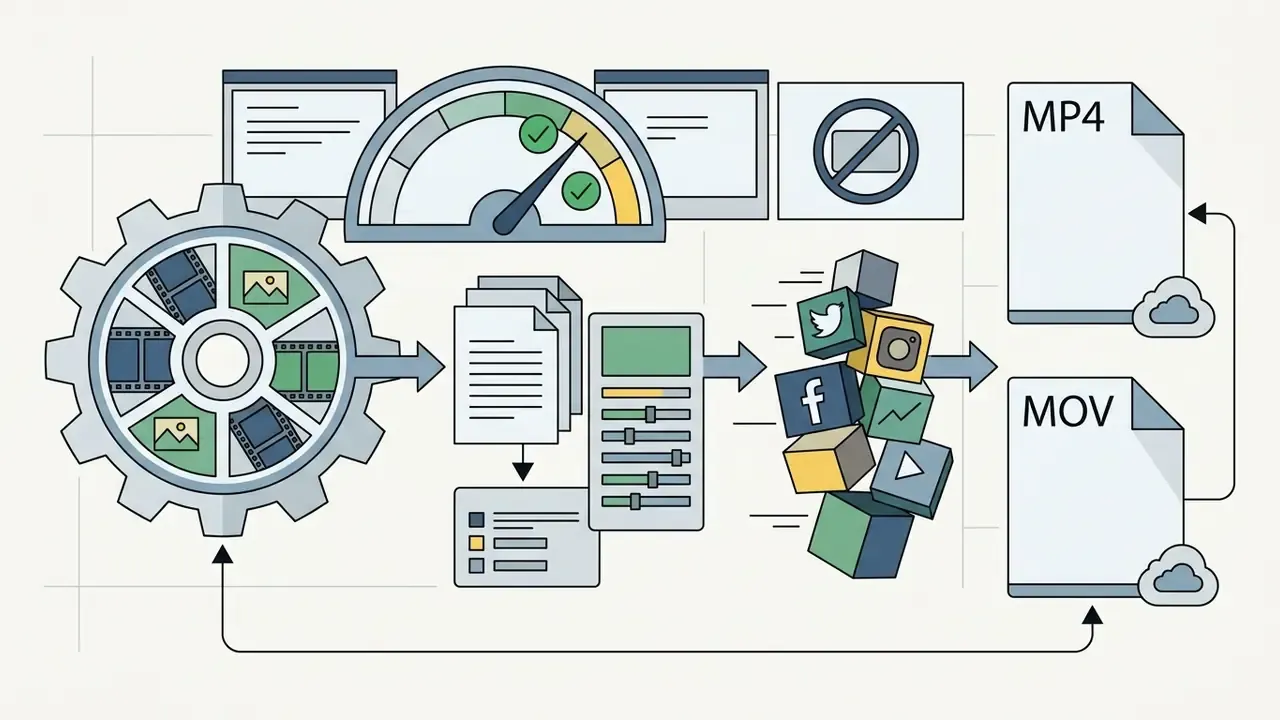 Gear processing photos into video files with social media icons and MP4 or MOV export formats