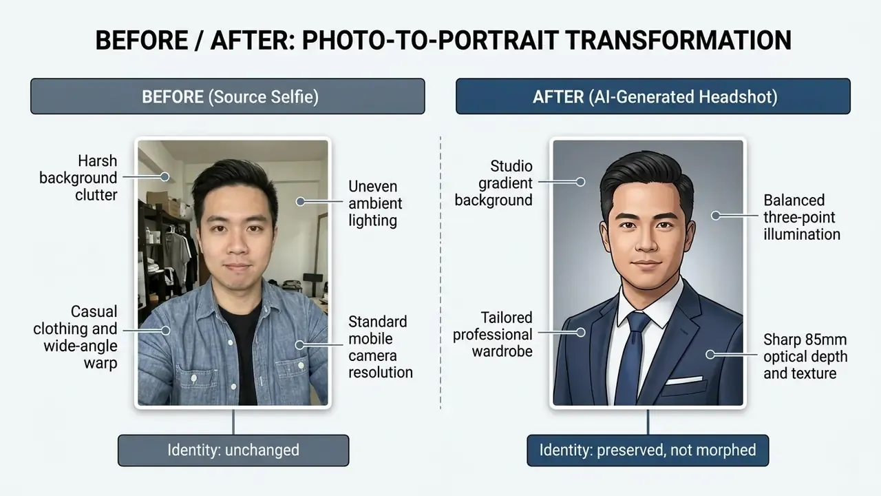 Comparison of a casual selfie and a polished AI portrait showing improvements in lighting and attire