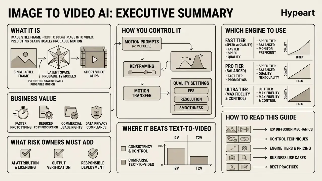 Infographic explaining image to video AI through process diagrams, control methods, and business metrics