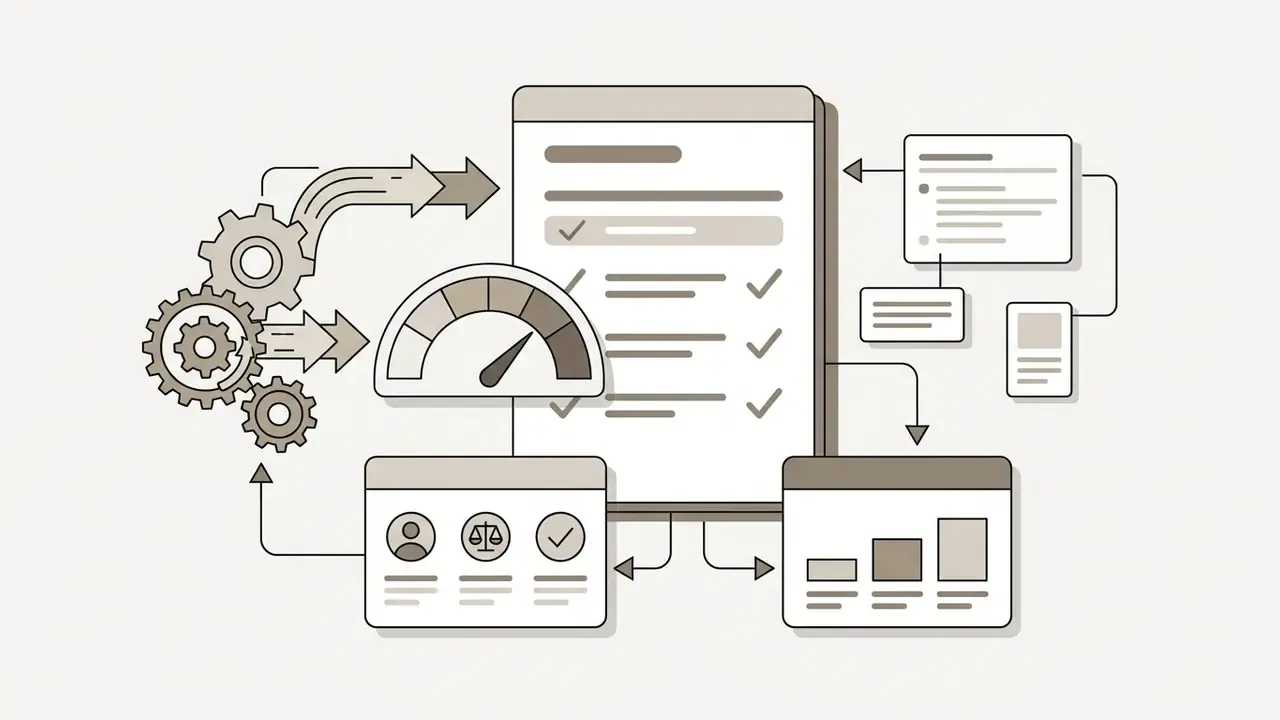 Gears driving a checklist, gauge, and data panels representing model inventory and risk management