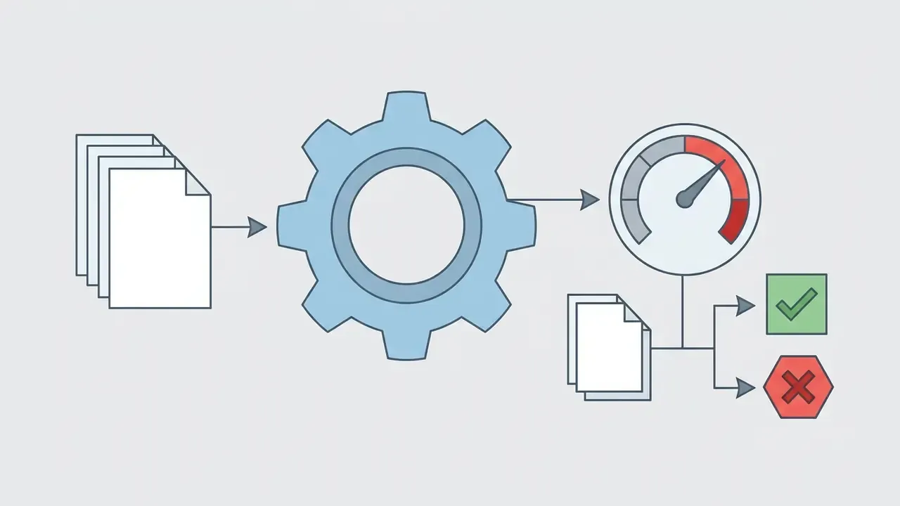 Documents moving through a gear into a gauge and splitting into pass or fail status icons