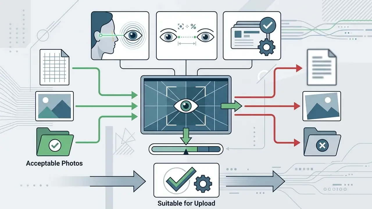 Central eye icon analyzing input photos for quality and compliance before processing for upload