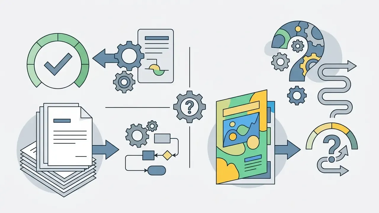Files and gears connecting to a question mark icon and a booklet with uncertain path and gauge indicators