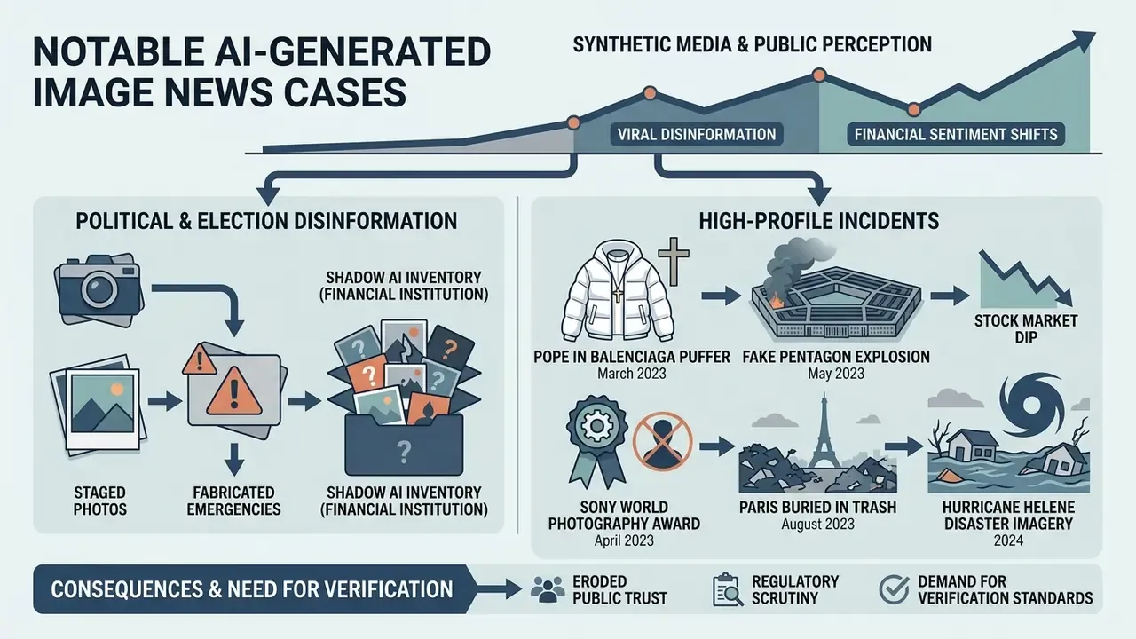 Infographic mapping high-profile AI image news cases and their impact on public perception and markets