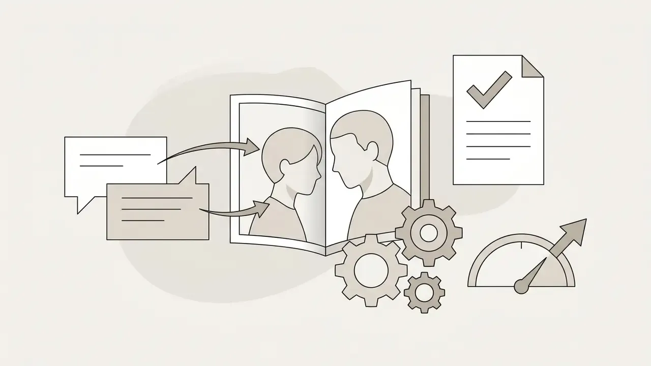 Speech bubbles pointing to a book illustration of two characters with gears and a speedometer nearby