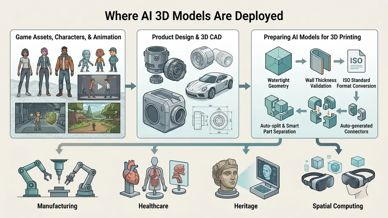 Diagram showing applications for generated 3D assets in gaming, product design, printing, and industry