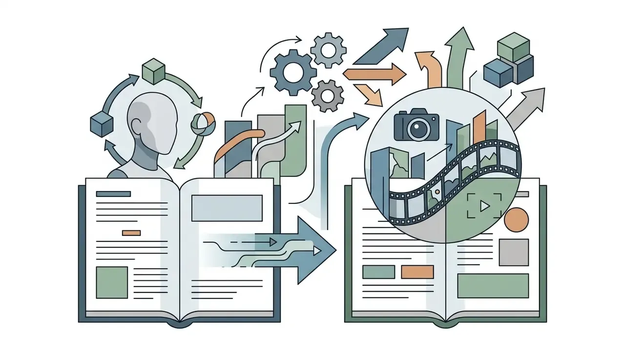 Open books linked by arrows to gears and a circular frame containing a camera and film strip icons