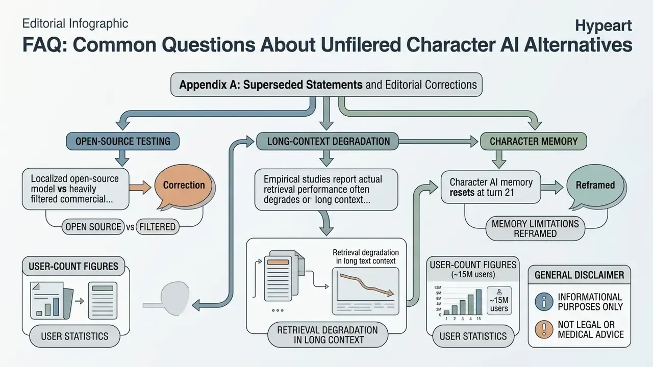 Flowchart detailing editorial corrections and superseded statements for Character AI alternative no filter topics
