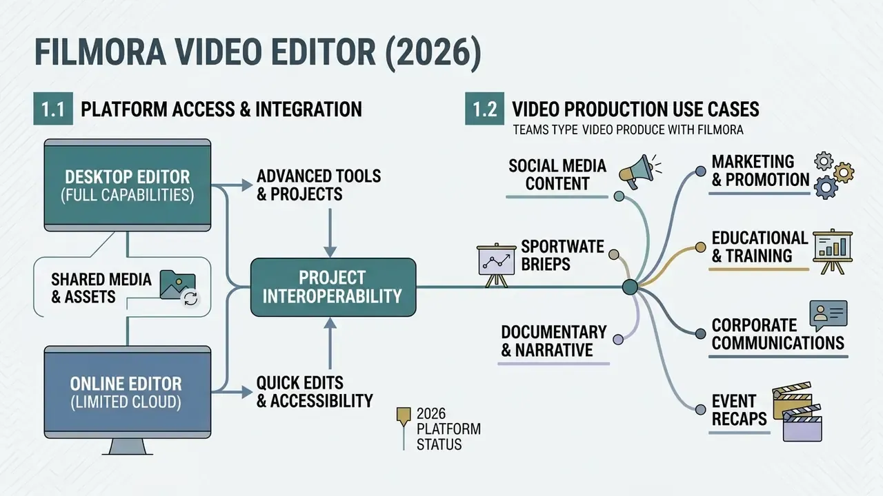 Infographic showing Filmora video editor platform access, project interoperability, and production use cases