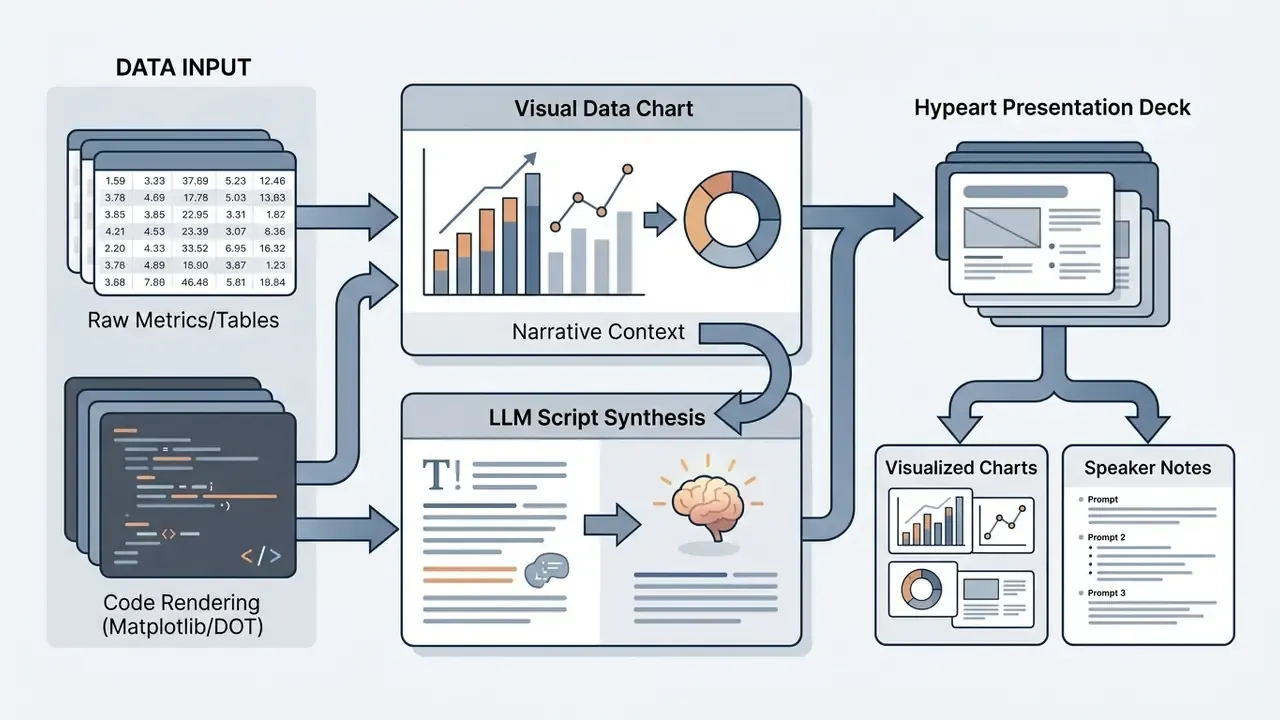 Flow diagram showing raw data and code transforming into visual charts, narrative scripts, and slide decks