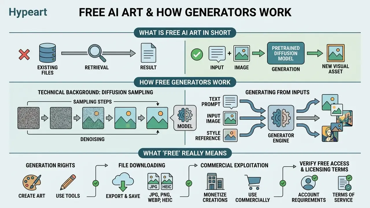Flowchart explaining free AI art generation through diffusion models, inputs, and usage rights