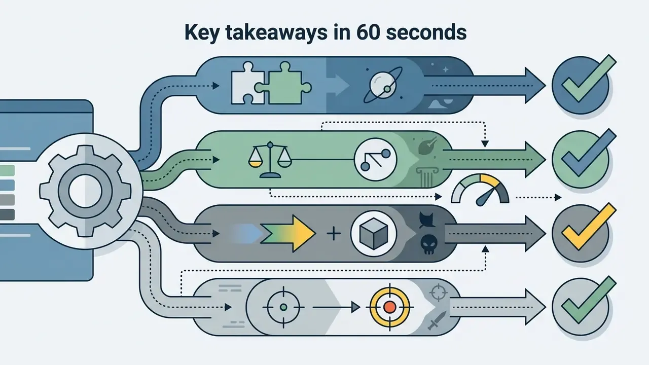 Four horizontal paths originating from a central gear icon leading to checkmark icons