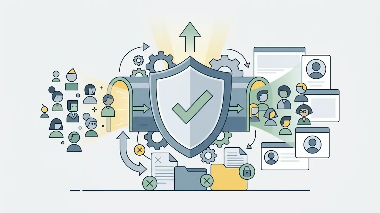 Group of people passing through a protective shield mechanism to become stylized digital character profiles