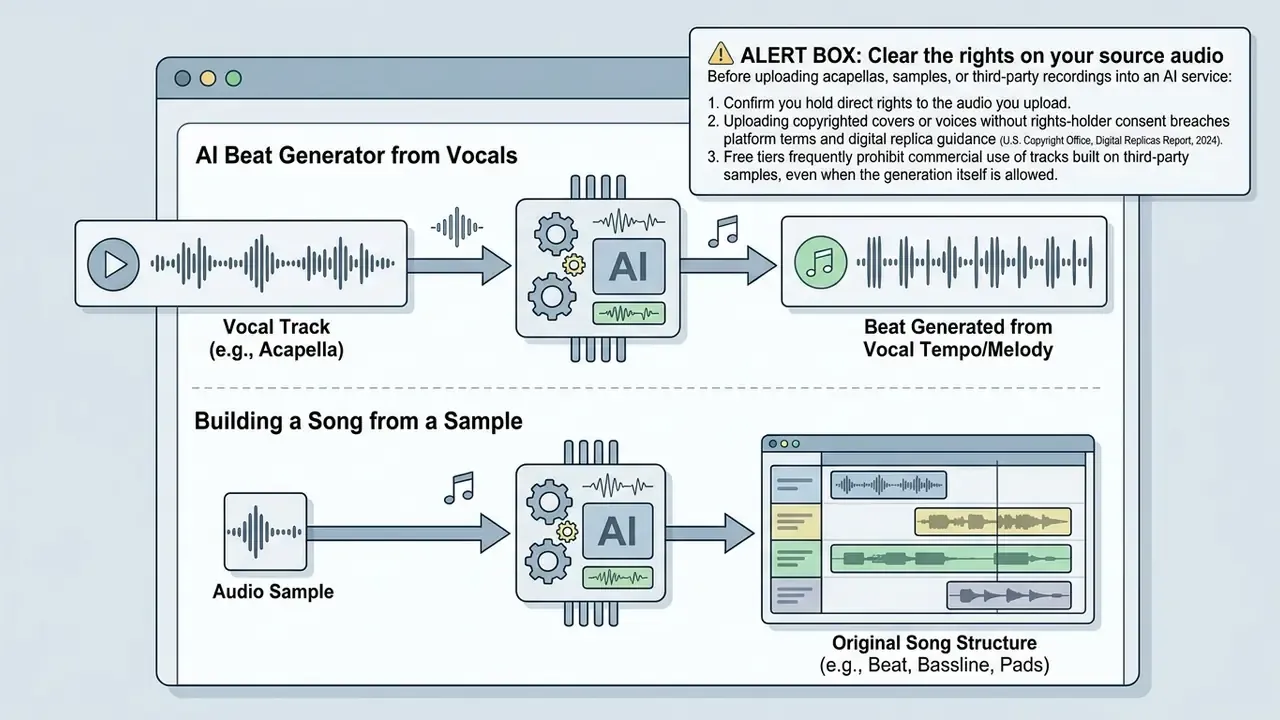 Warning box explaining legal rights for audio uploads alongside workflows for an AI song generator