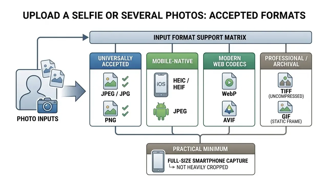 Matrix chart categorizing compatible image file formats for uploading photos into an AI headshot generator
