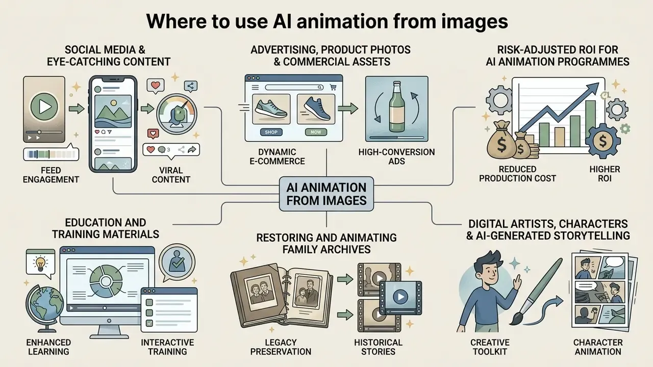 Map of use cases for transforming static visuals into motion for marketing, education, and storytelling