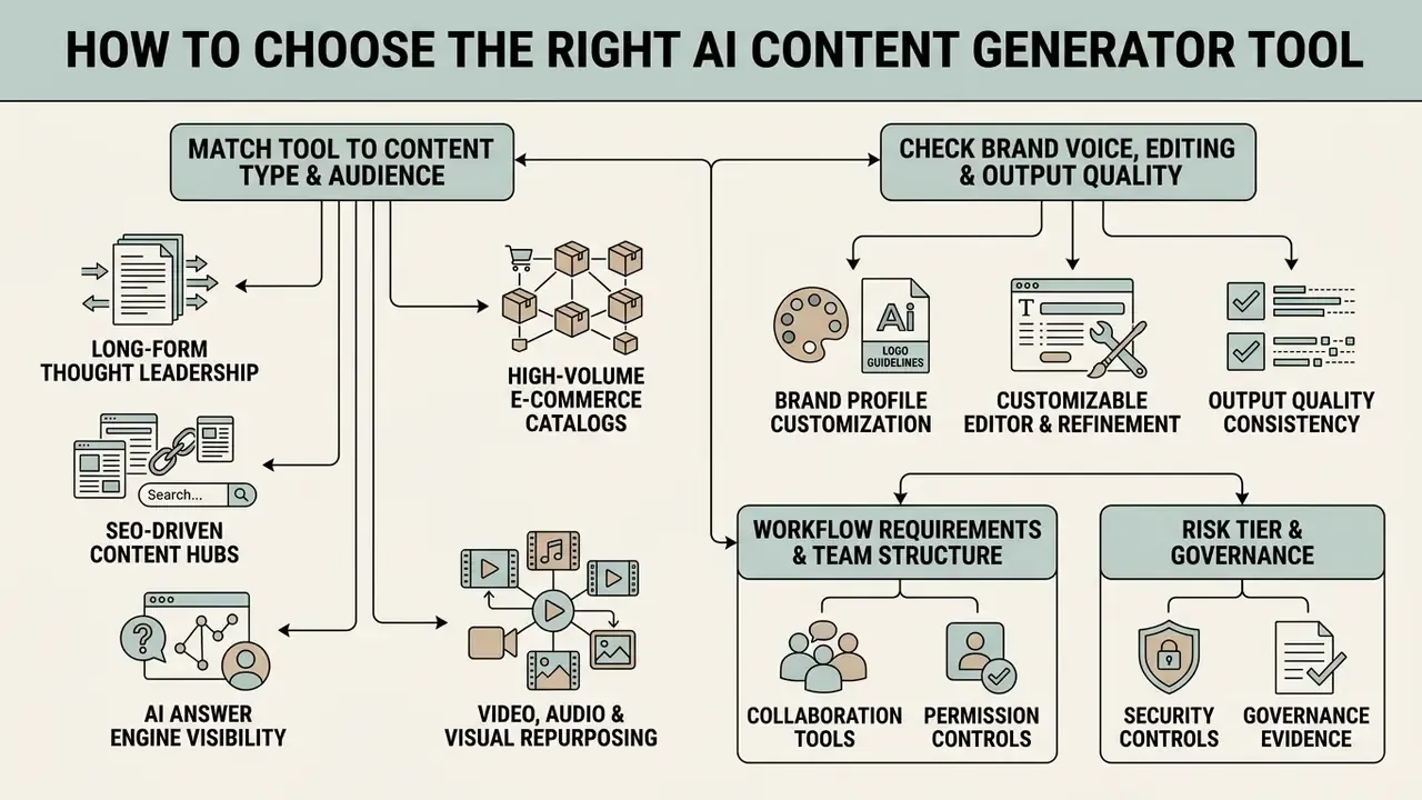 Decision tree mapping content types, brand voice, team structure, and governance for software selection
