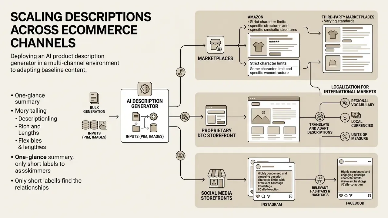 Diagram illustrating how centralized product data is adapted for marketplaces, storefronts, and social media