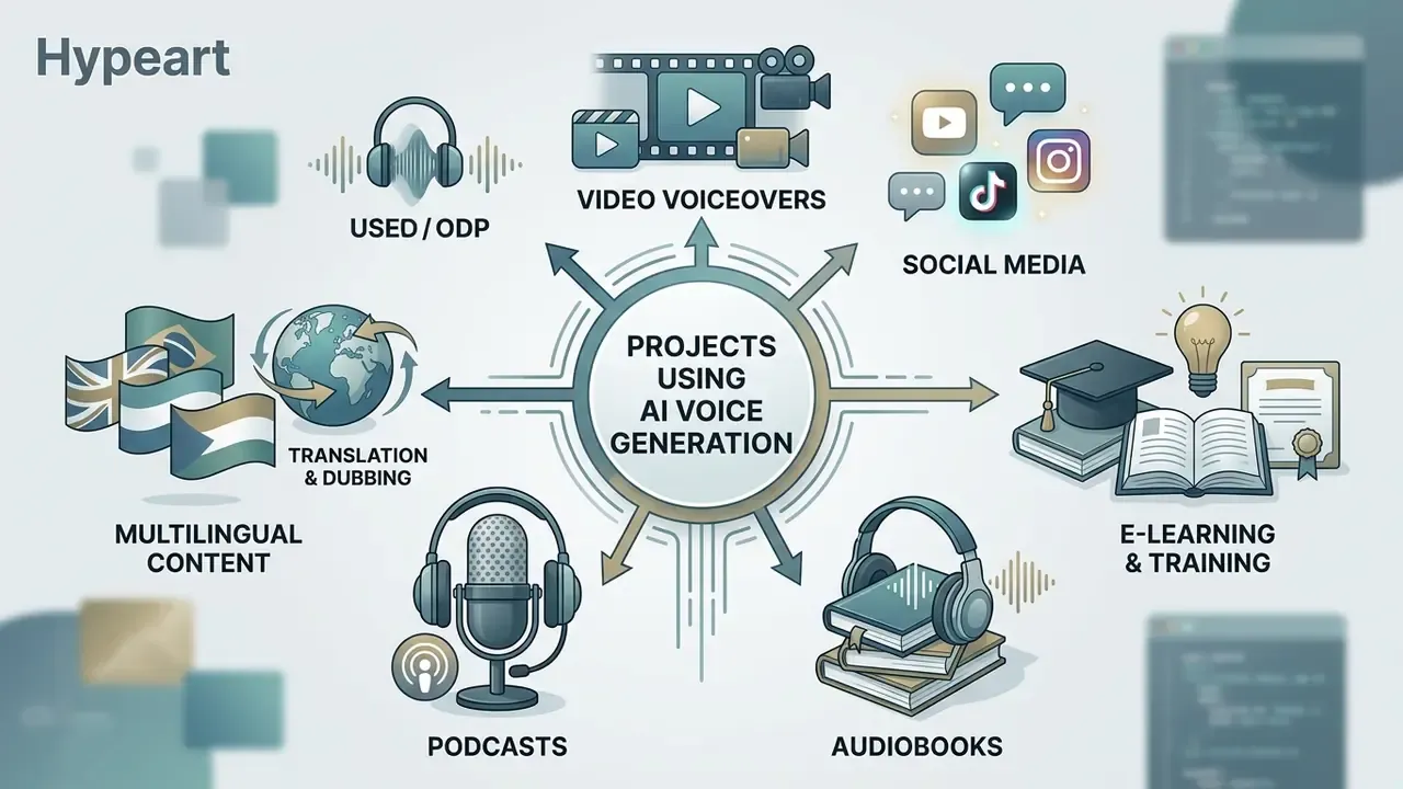 Central hub diagram connecting synthetic speech applications like video, social media, and e-learning