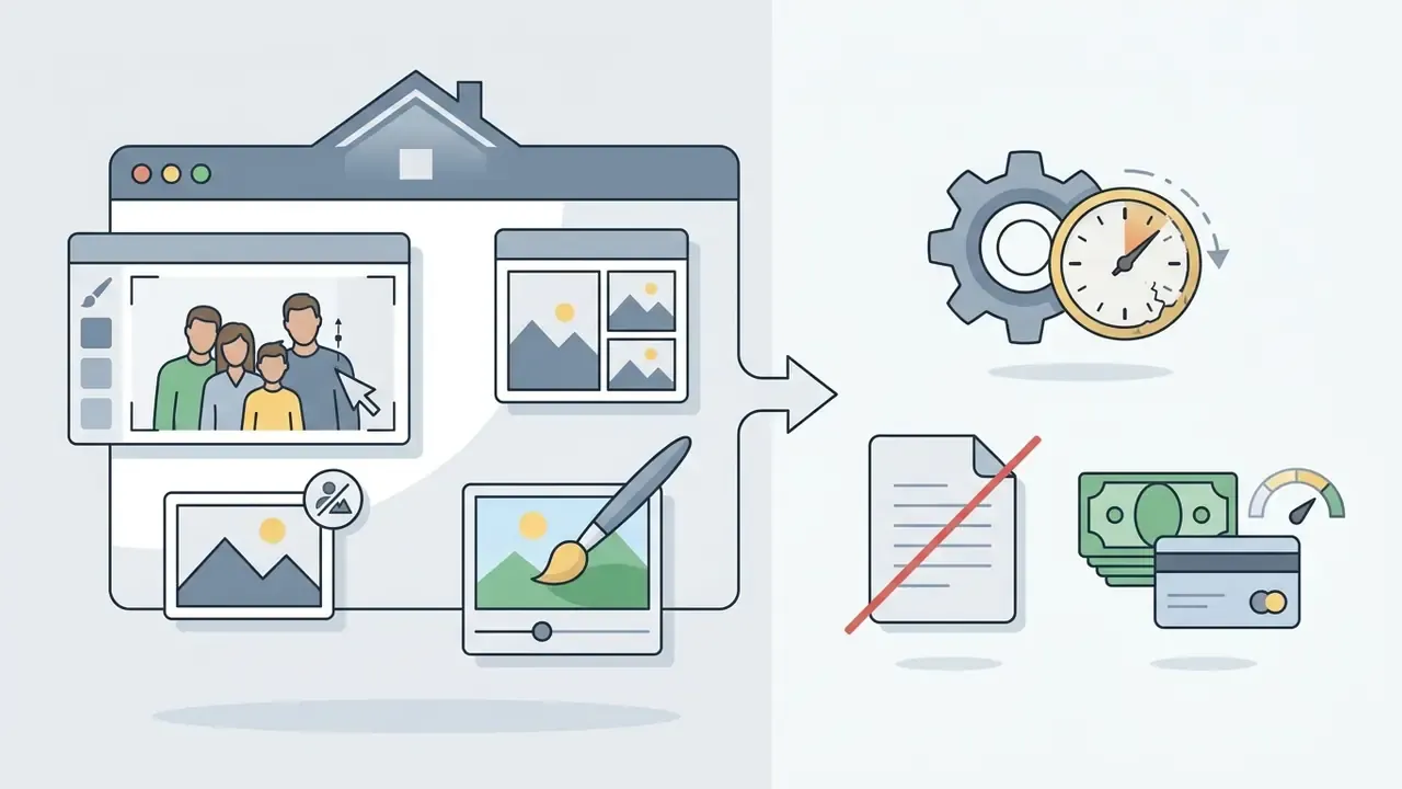 Application window showing photo editing tools alongside icons for time limits and payment requirements