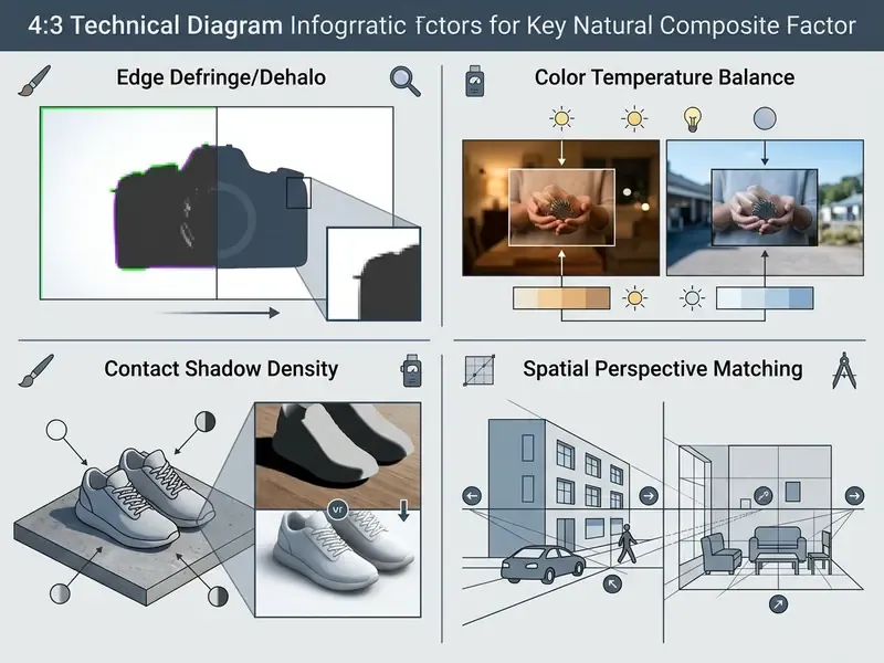 Four-panel diagram detailing edge refinement, color balance, shadow density, and spatial perspective matching