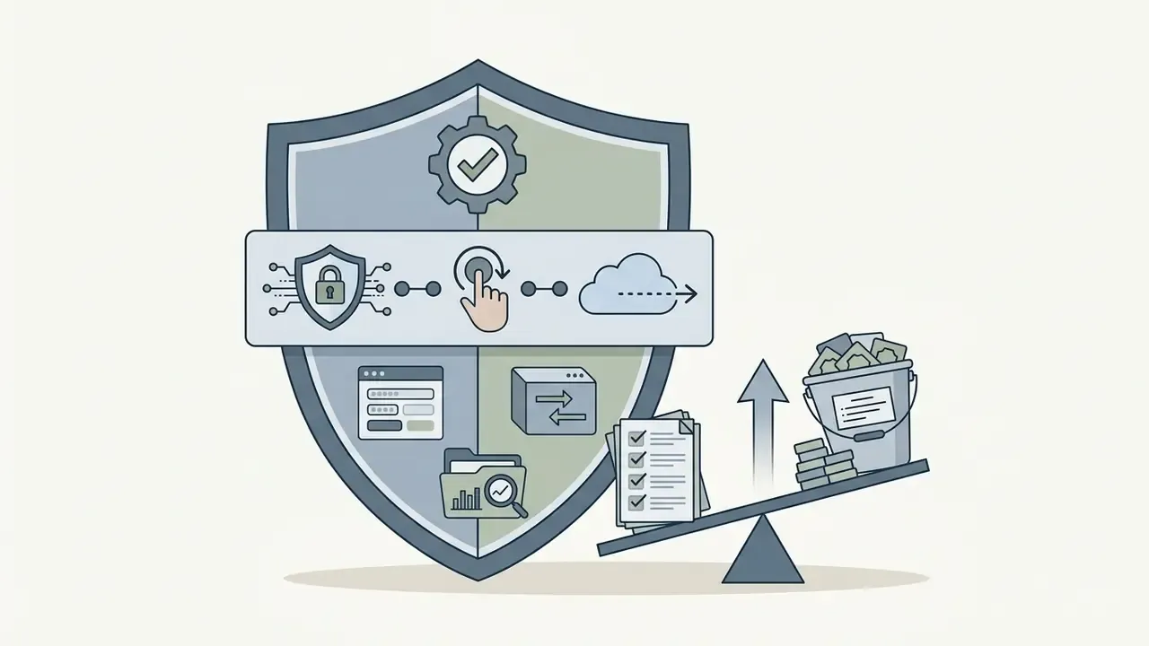 Shield icon with security symbols and a checklist outweighing a bucket of money on a balance scale